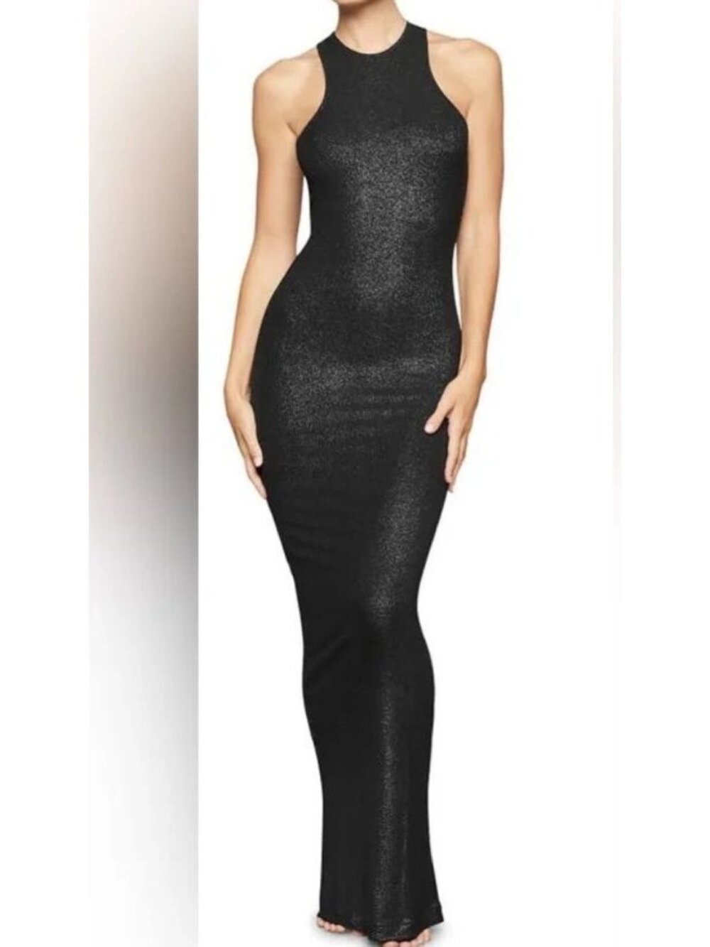 SKIMS Soft Lounge Shimmer Maxi Dress S Black Metallic Ribbed Bodycon Sleeveless